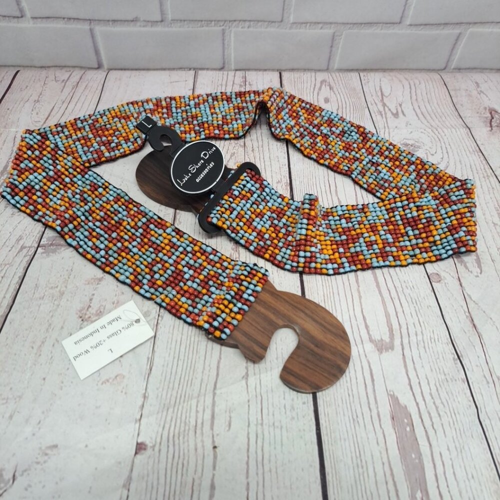 NWT Womens Lake Shore Drive Accessories Multi-color Glass Beads Belt Wood‎ Large